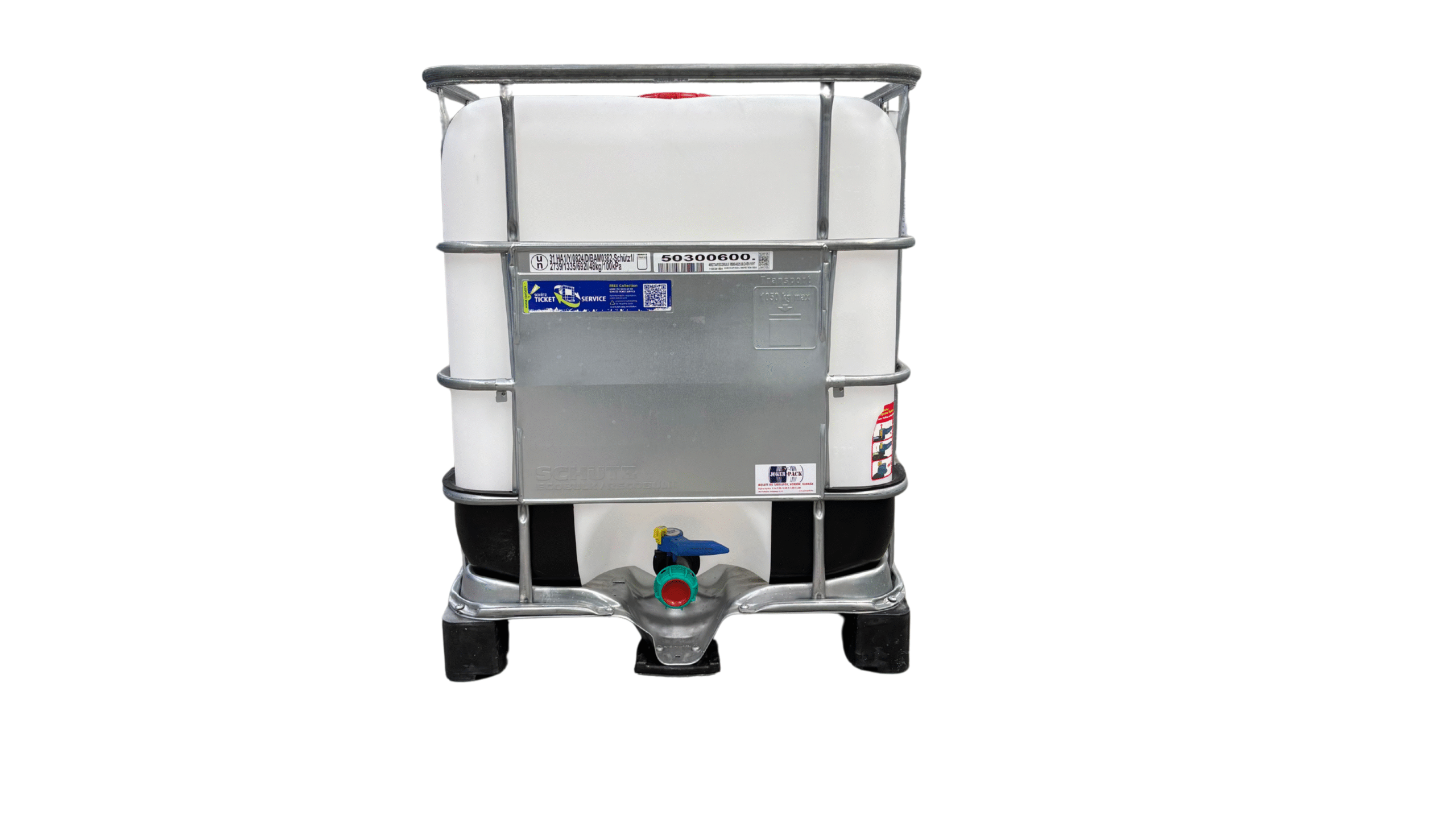 IBC TARTÁLY, SCHÜTZ 640 literes mosott műanyag raklapos IBC tartály ,erősített ,UN minősítéssel 2025-ös évjárat